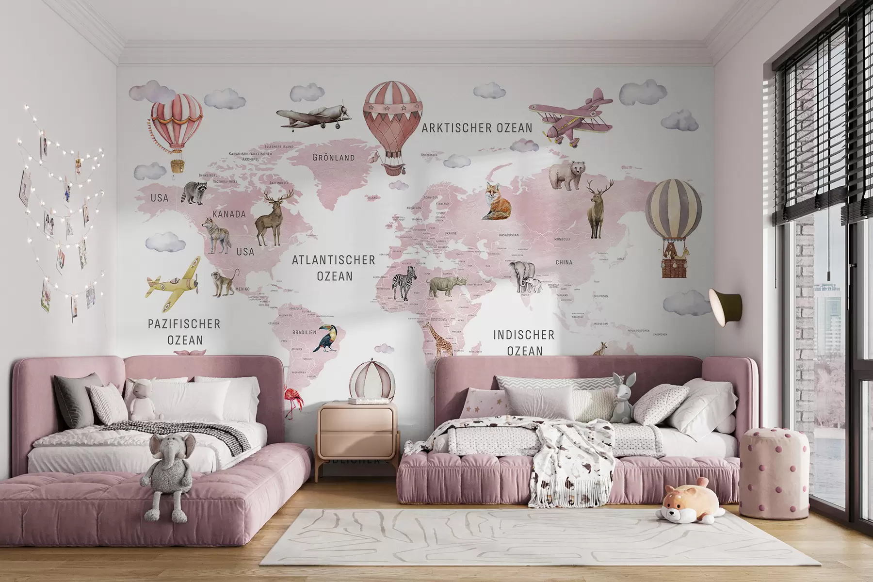 murais de parede Mapa em estilo aquarela para crianças com animais e balões de ar quente. Idioma alemão. Cor rosa. c00001dev3