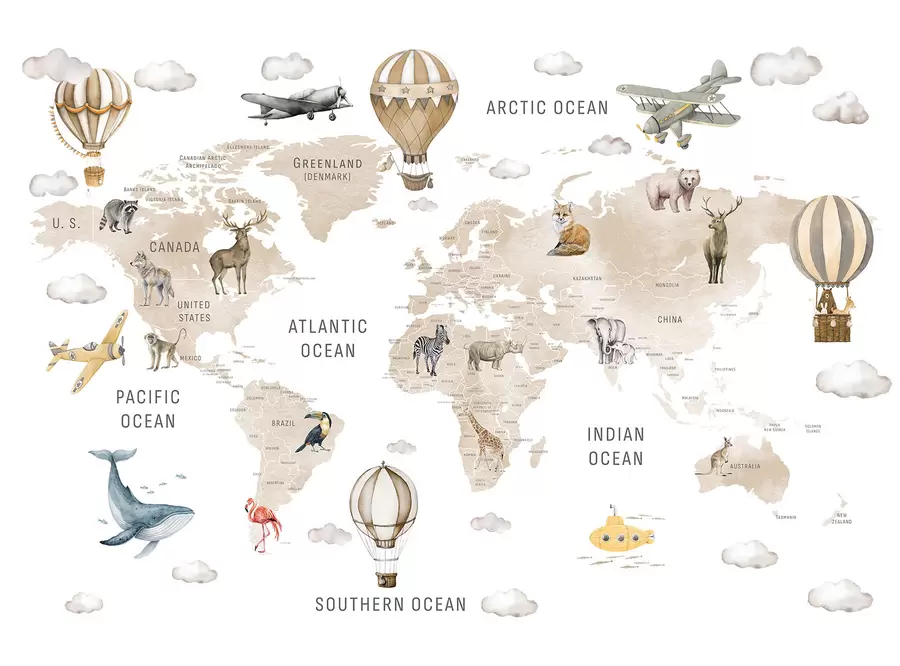 murais de parede Mapa infantil em estilo aquarela com animais e balões de ar quente. Em inglês. Cor bege c00001env2
