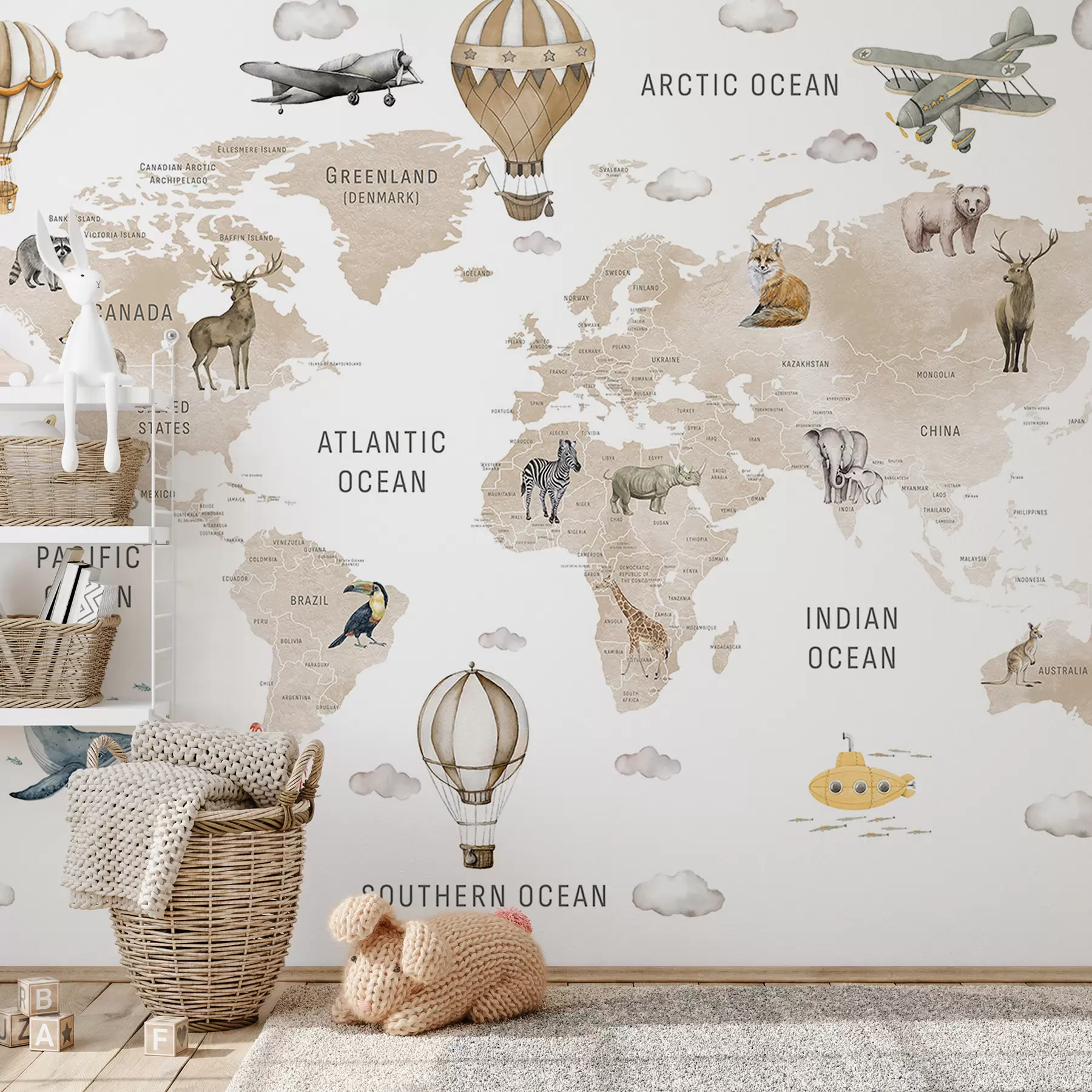 murais de parede Mapa em estilo aquarela para crianças com animais e balões de ar quente. Idioma inglês. Cor bege. c00001env2