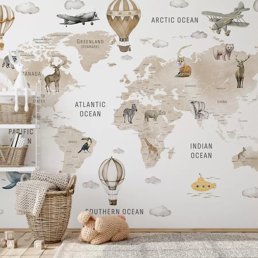 murais de parede Mapa infantil em estilo aquarela com animais e balões de ar quente. Em inglês. Cor bege. c00001env2