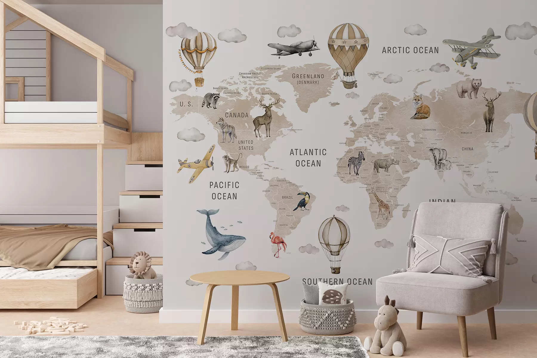 murais de parede Mapa em estilo aquarela para crianças com animais e balões de ar quente. Idioma inglês. Cor bege. c00001env2