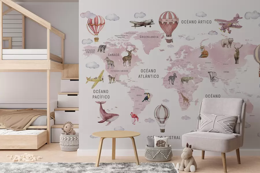murais de parede Mapa em estilo aquarela para crianças com animais e balões de ar quente. Em espanhol. Rosa. c00001esv3