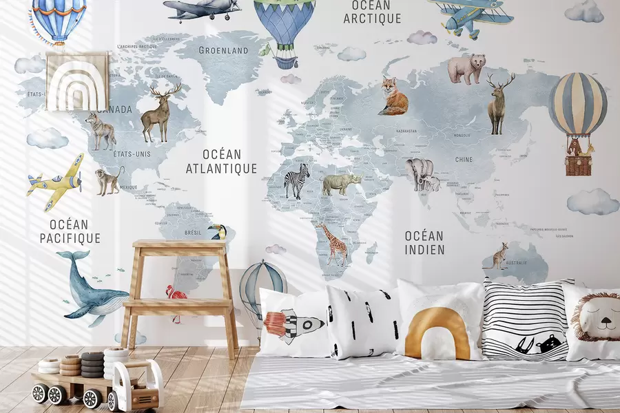 murais de parede Mapa em estilo aquarela para crianças com animais e balões de ar quente. Em francês. Cor azul. c00001frv1