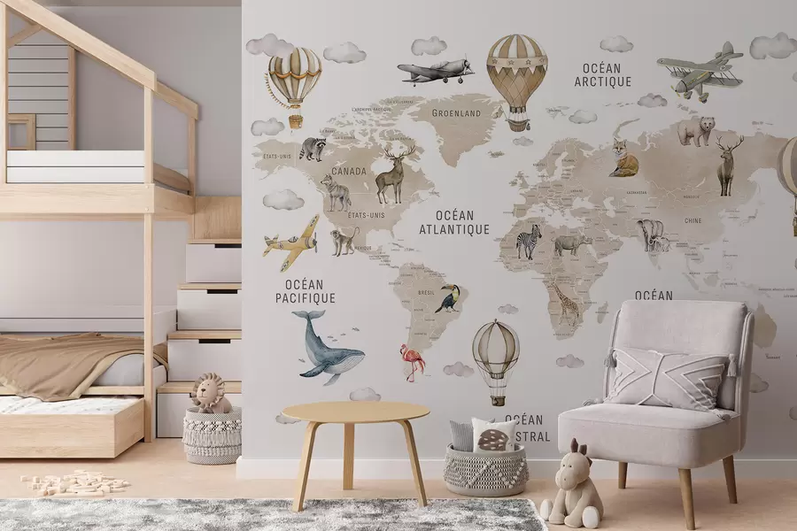 murais de parede Mapa em estilo aquarela para crianças com animais e balões de ar quente. Idioma francês. Cor bege. c00001frv2