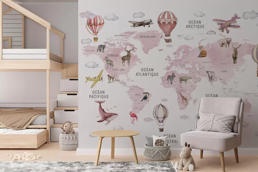 murais de parede Mapa em estilo aquarela para crianças com animais e balões de ar quente. Em francês. Cor rosa. c00001frv3