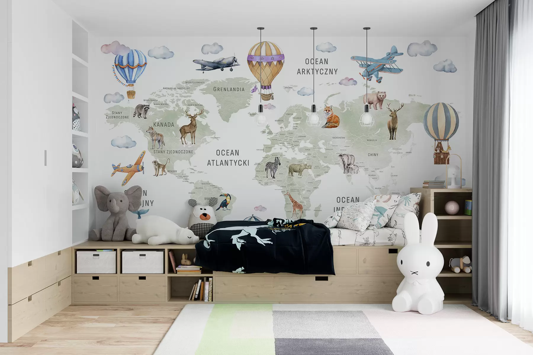murais de parede Mapa em estilo aquarela para crianças com animais e balões de ar quente. Língua polonesa. Cor verde. c00001pl