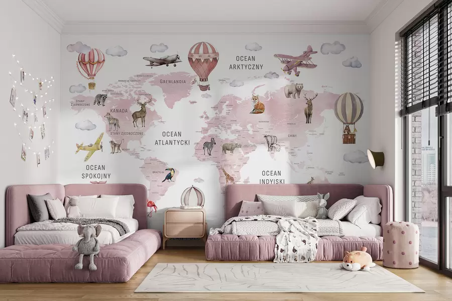 murais de parede Mapa infantil em estilo aquarela com animais e balões de ar quente. Língua polonesa. Cor rosa. c00001plv3