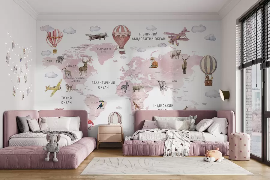 murais de parede Mapa infantil em estilo aquarela com animais e balões de ar quente. Língua ucraniana. Cor rosa. c00001ukv3