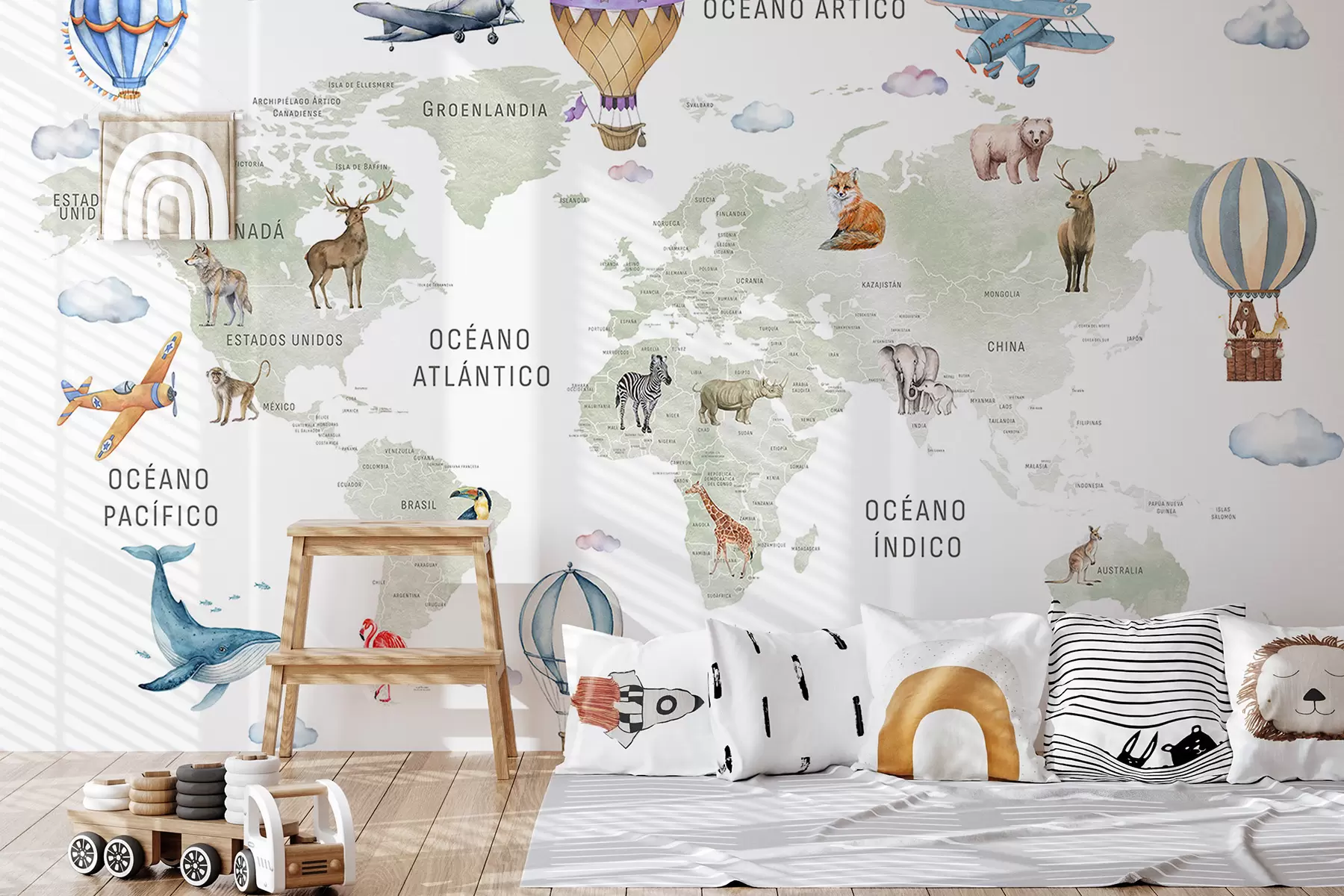 murais de parede Mapa em estilo aquarela para crianças com animais e balões de ar quente. Idioma: espanhol. Cor verde. c00001es