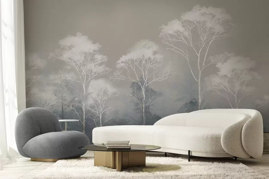 murais de parede Árvores minimalistas em tons de azul-acinzentado, no nevoeiro w09448