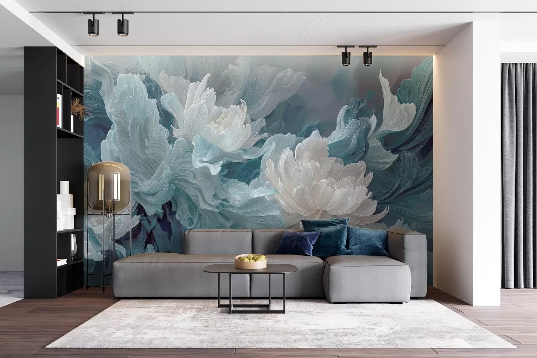murais de parede Flores abstratas em tons de azul e turquesa w09452