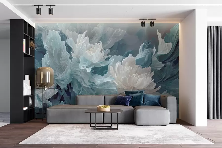 murais de parede Flores abstratas em tons de azul e turquesa w09452