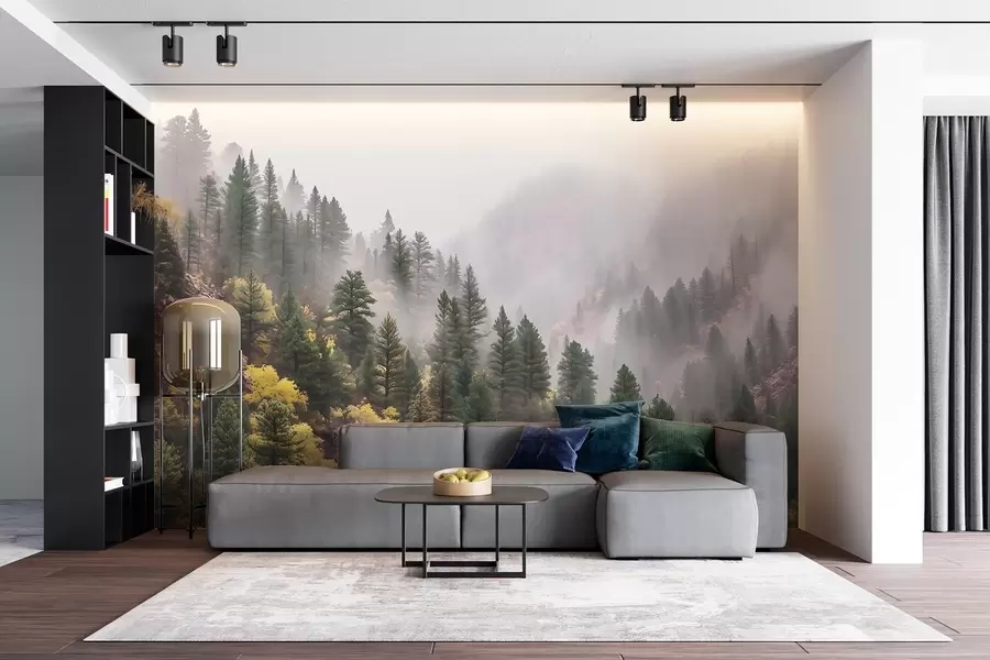 murais de parede Floresta de pinheiros enevoada e atmosférica nas montanhas w09463