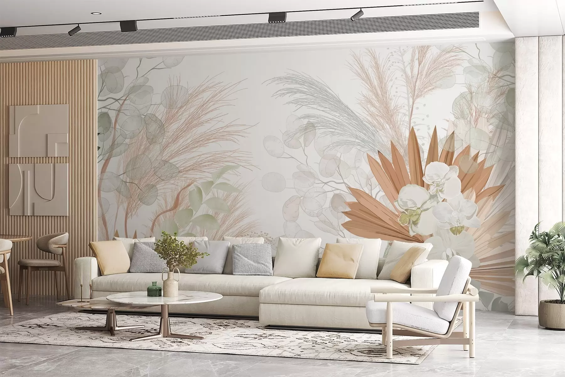 murais de parede Capim-dos-pampas, eucalipto, folhas tropicais e orquídeas em fundo branco, cores pastel w09366