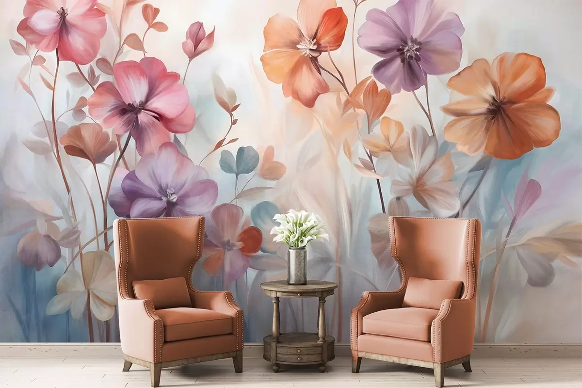 murais de parede Arranjo floral texturizado com flores rosa, roxas e laranja com caules e folhas verdes, em tons pastéis suaves w09486