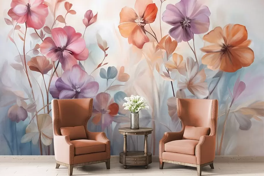 murais de parede Arranjo floral texturizado com flores rosa, roxas e laranja com caules e folhas verdes, em tons pastéis suaves w09486