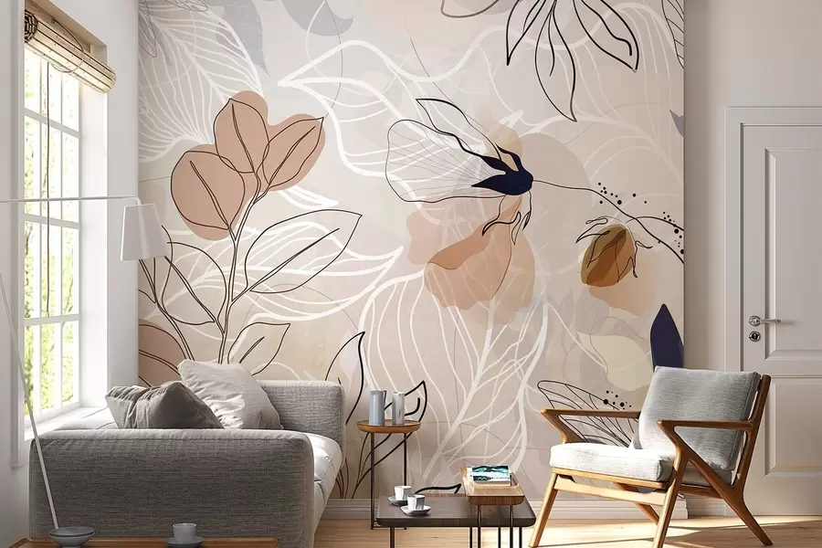 murais de parede Fundo abstrato bege com folhas e flores em linha arte, moderno, minimalista, formas orgânicas, estampa botânica  w09487