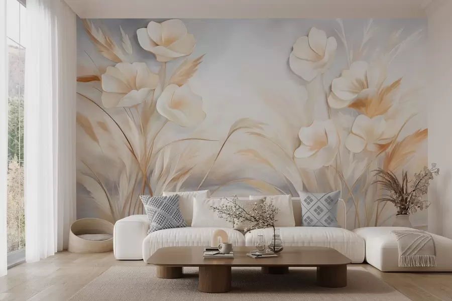 murais de parede Flores brancas, juncos bege e capim-dos-pampas, texturizado, elegante, estilo minimalista, fundo abstrato paisagístico w09490