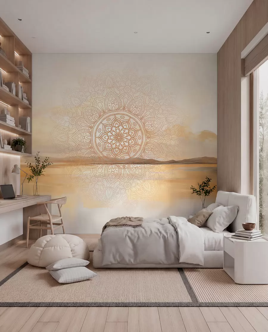 murais de parede Desenho simétrico texturizado de mandala sobrepondo uma paisagem com mar, colinas e céu, em tons pastéis suaves w09491