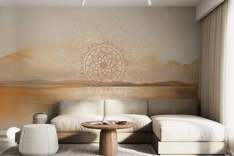 murais de parede Desenho simétrico texturizado de mandala sobrepondo uma paisagem com mar, colinas e céu, em tons pastéis suaves w09491