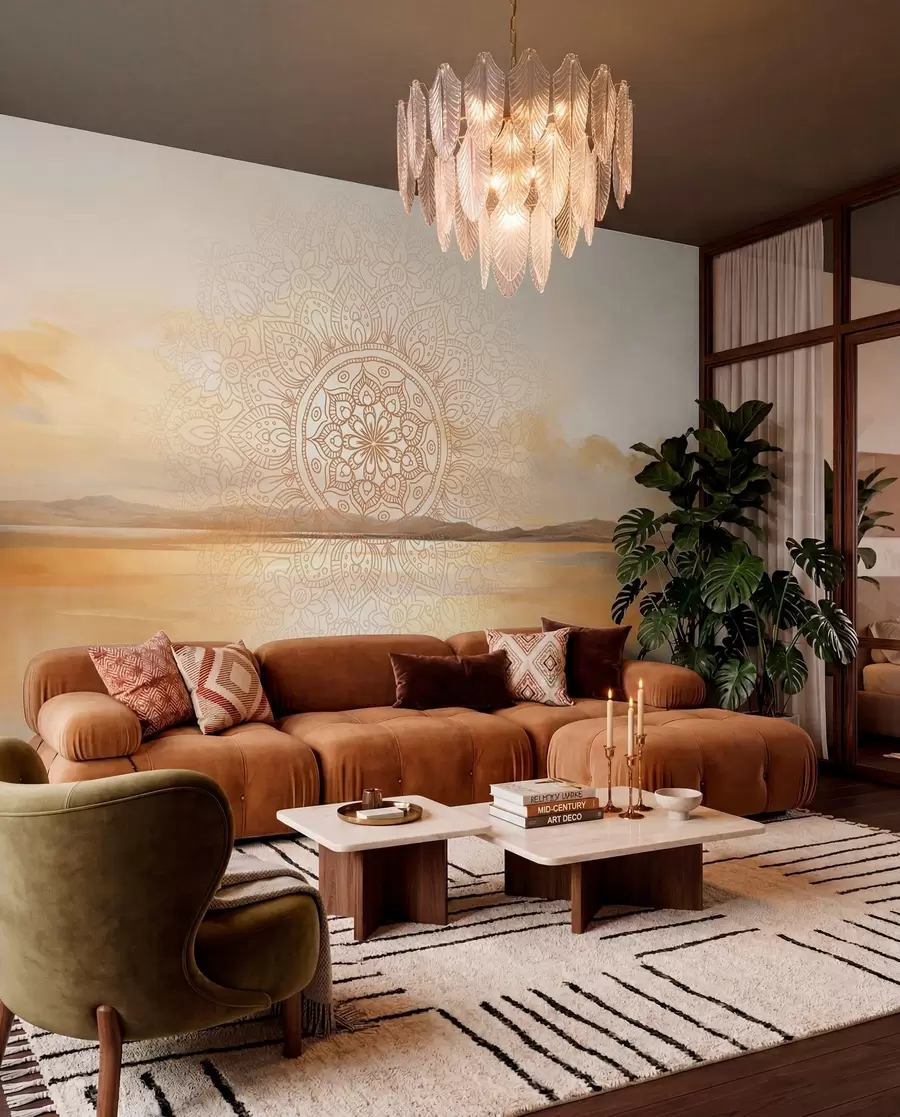 murais de parede Desenho simétrico texturizado de mandala sobrepondo uma paisagem com mar, colinas e céu, em tons pastéis suaves w09491