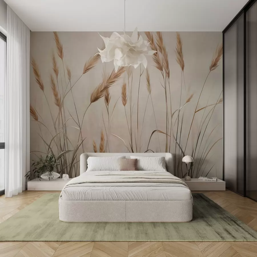 murais de parede Campo com textura de trigo com espigas amarelas, fundo bege, iluminação natural, tons quentes, pinceladas detalhadas w09493