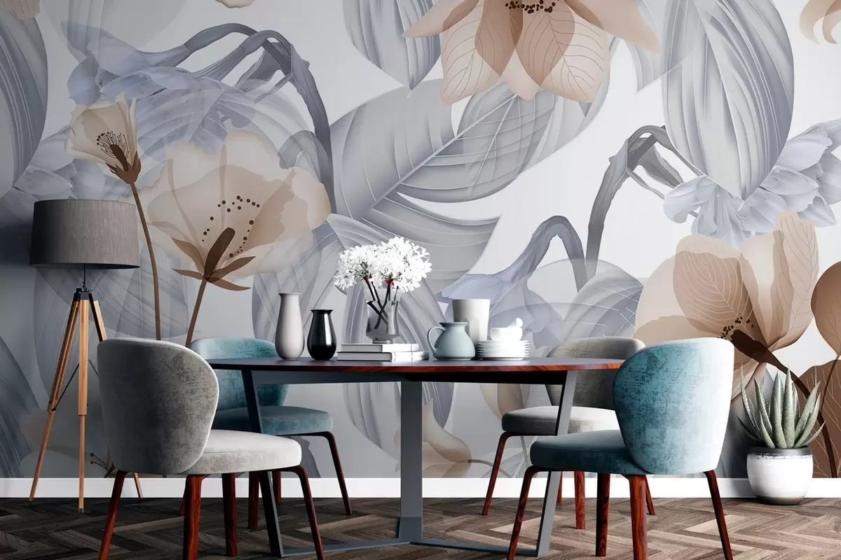 murais de parede Flores marrons e folhas cinzentas, fundo botânico floral, design elegante, cores suaves, detalhes delicados e leves w09497v1