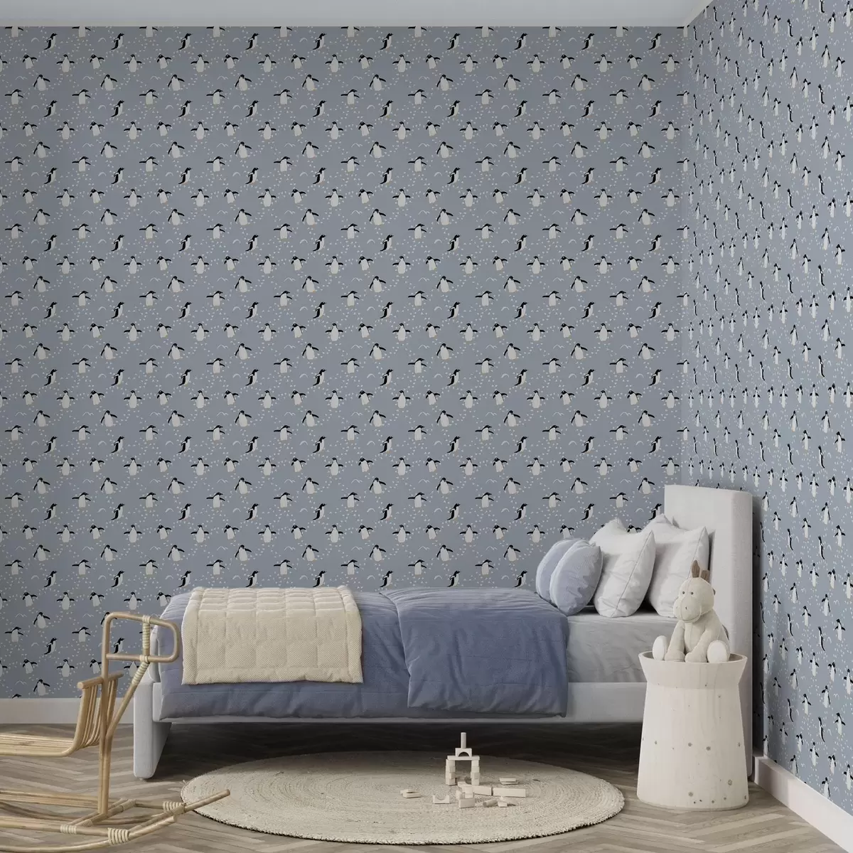 Papel de parede Pinguins em azul acinzentado com pegadas a00655