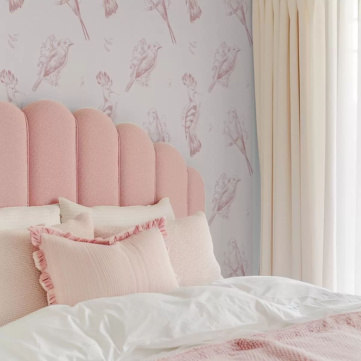 Papel de parede Toile com pássaros: esboço de pássaros, fundo rosa suave a00656