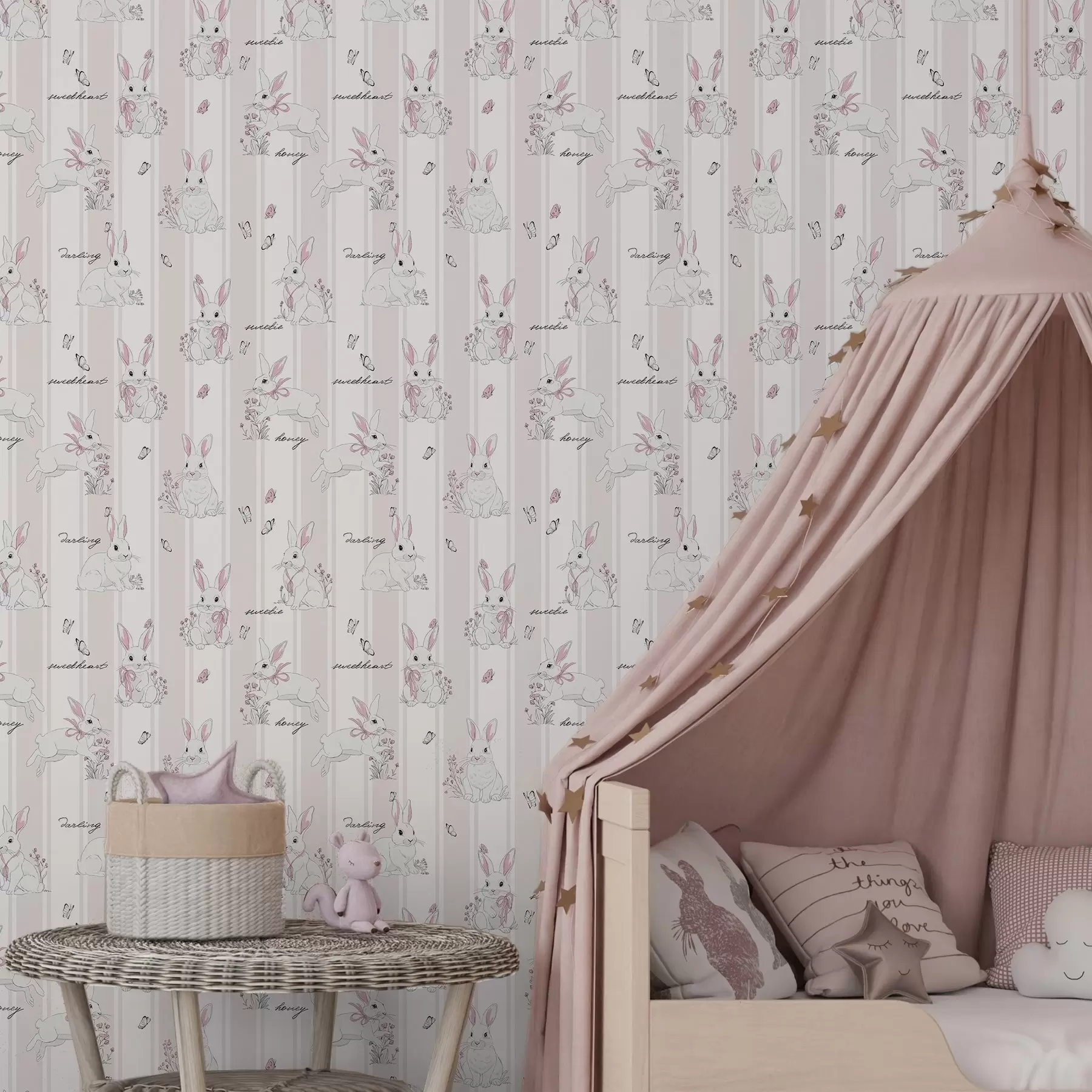 murais de parede Coelhinhos com laços, listras rosa e pequenas letras a00657