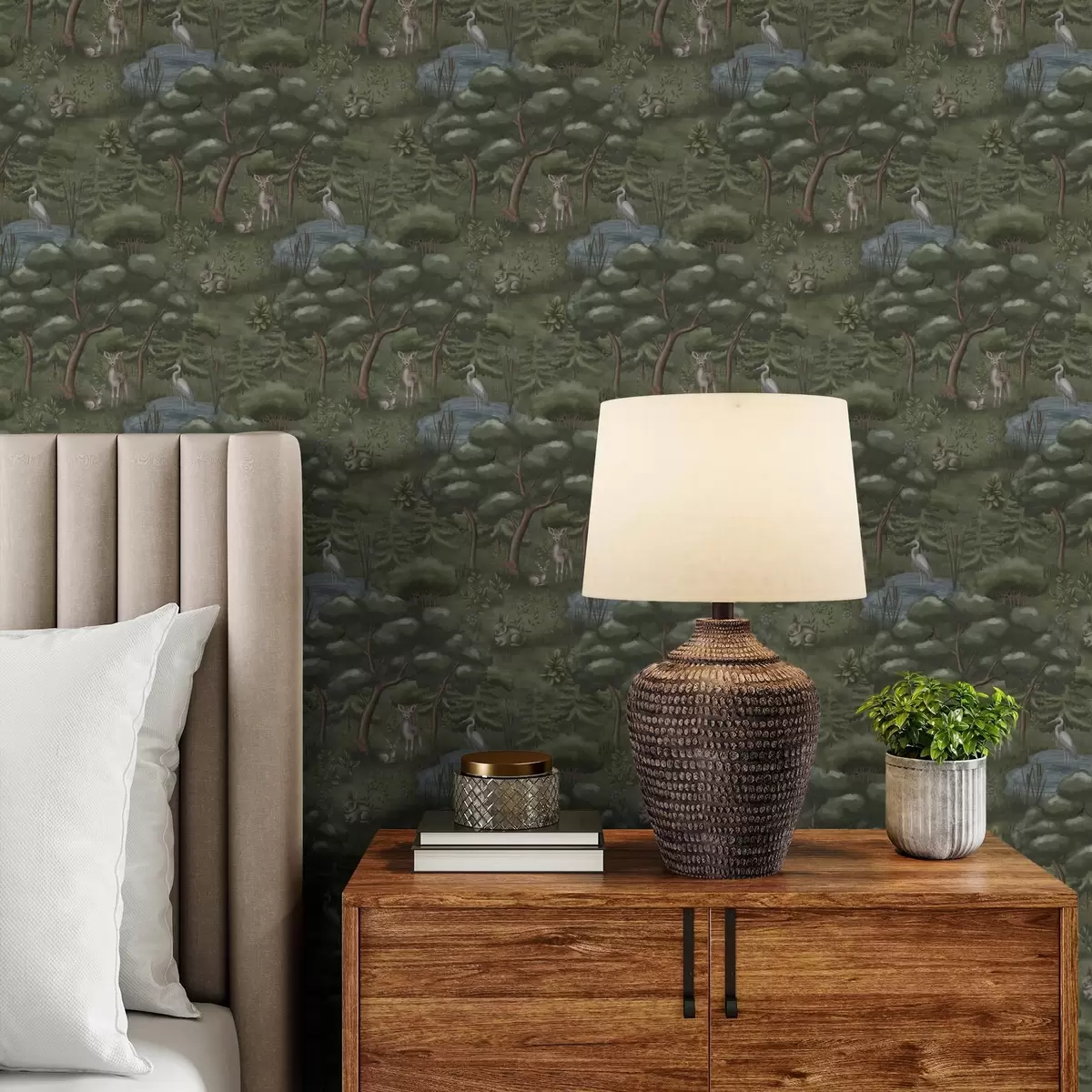 Papel de parede Clareira na floresta com veados, coelhos e garças a00680