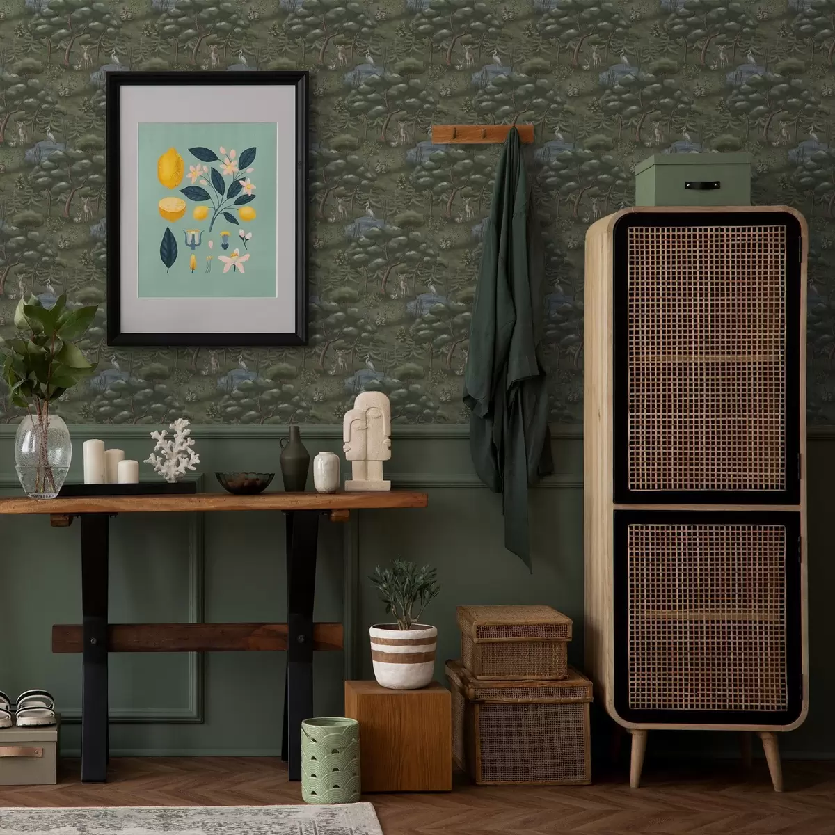 Papel de parede Clareira na floresta com veados, coelhos e garças a00680