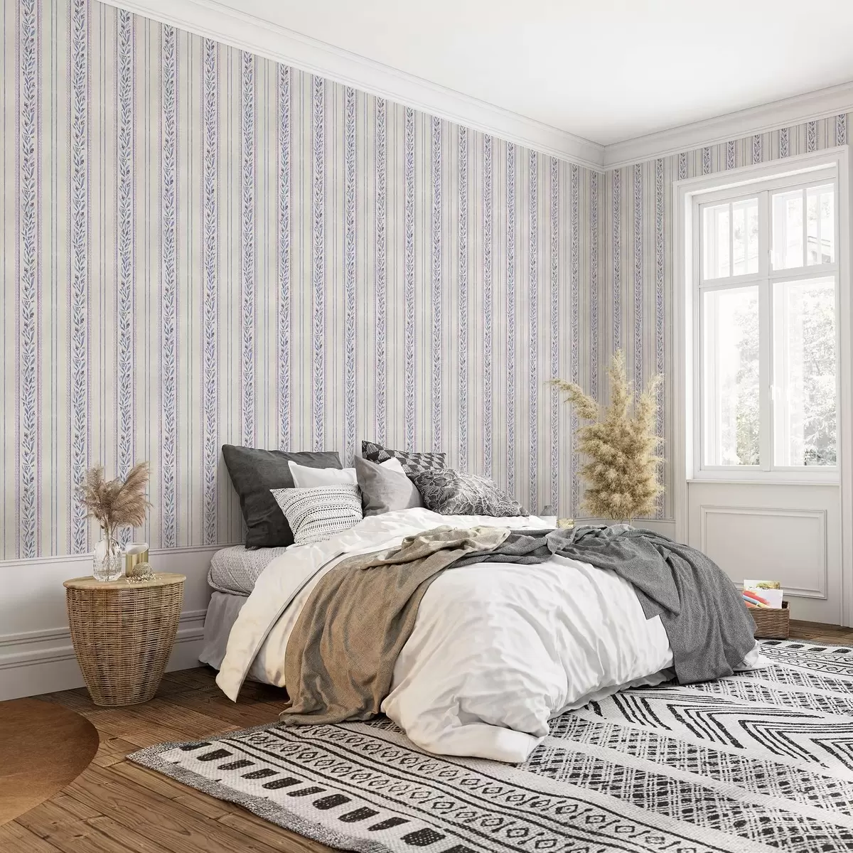 Papel de parede Listras verticais com guirlandas lavanda, fundo bege a00813v1