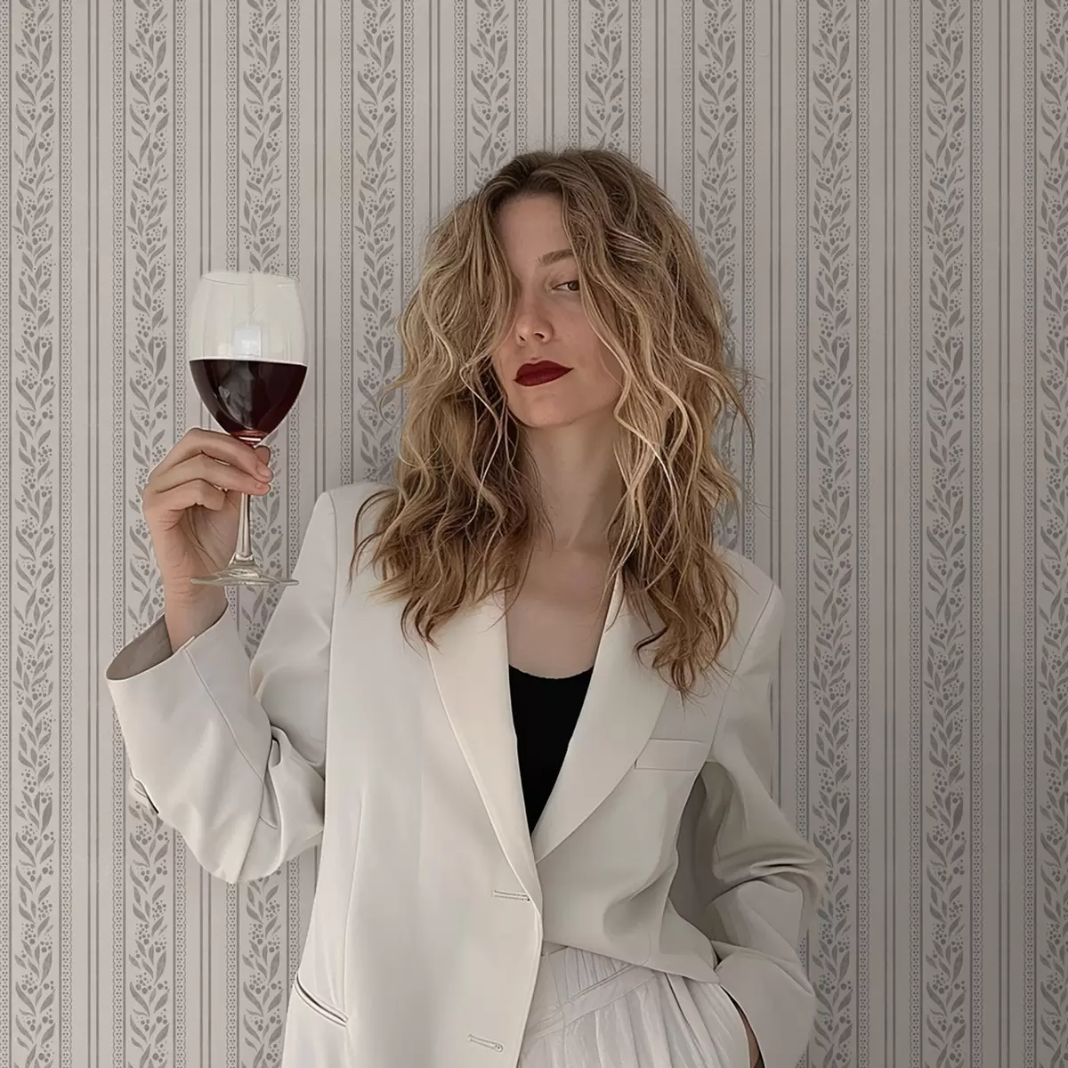 Papel de parede Listras com renda e ramos cinza-bege a00814