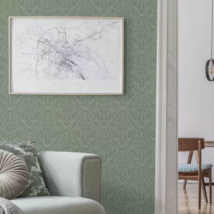 murais de parede Damasco botânico fino em verde suave a00815v1