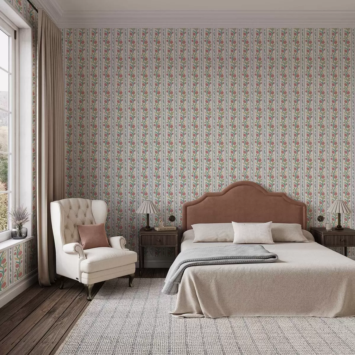 Papel de parede Listras verticais com flores corais e folhas turquesa a00816