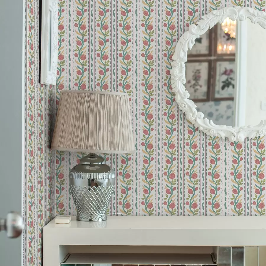 murais de parede Listras verticais com flores corais e folhas turquesa a00816