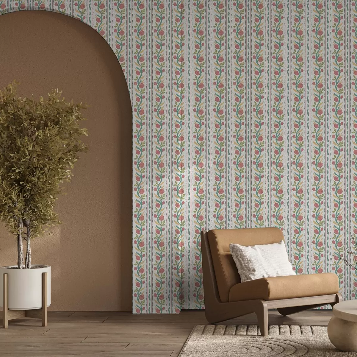 Papel de parede Listras verticais com flores corais e folhas turquesa a00816