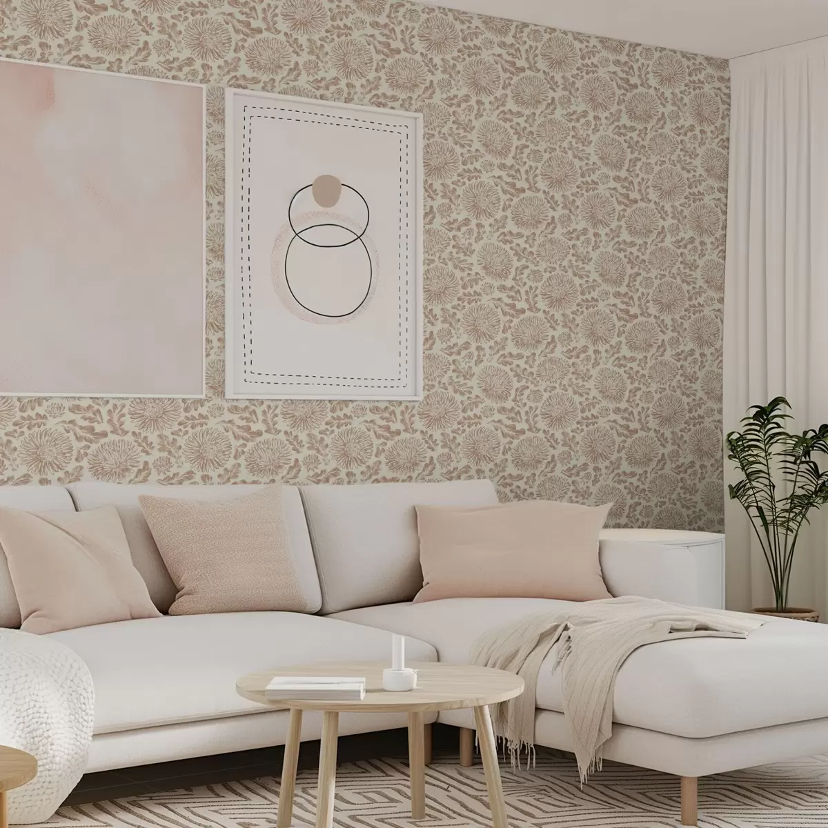 Papel de parede Crisântemos e folhas de carvalho em bege-marrom suave a00840