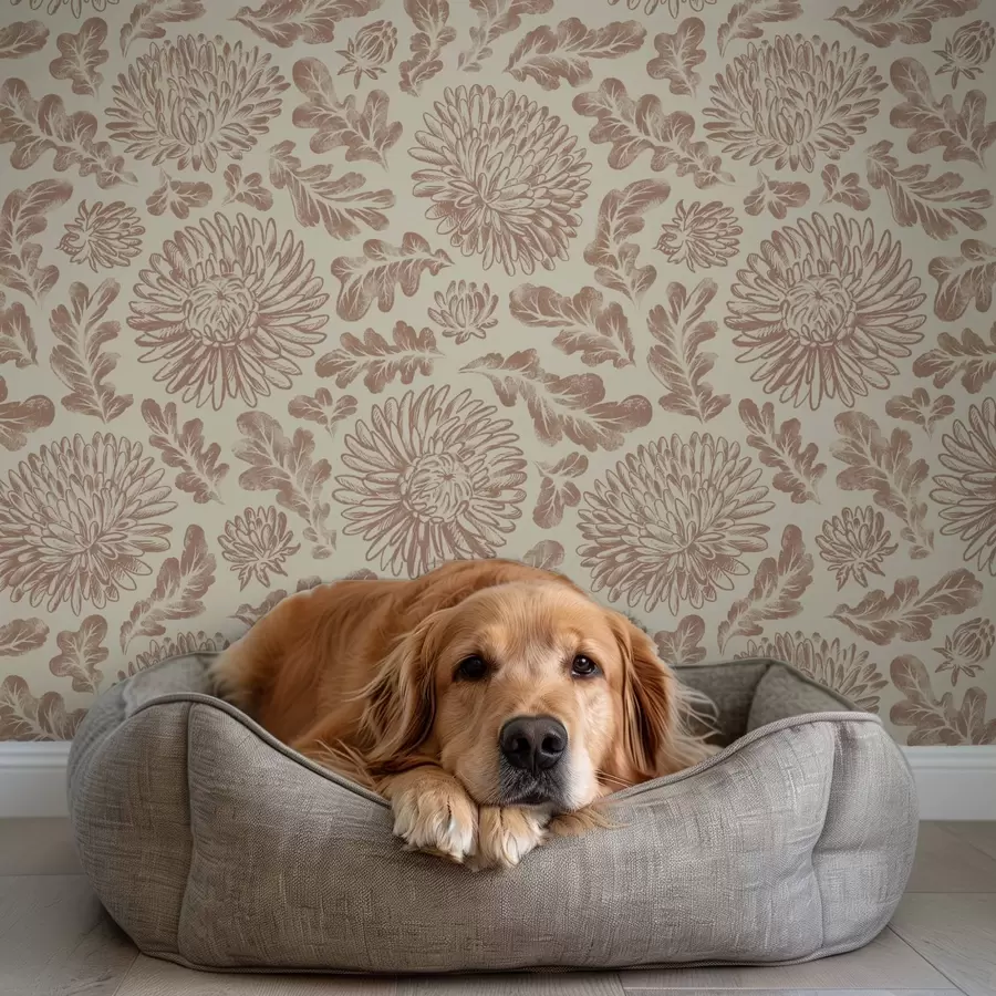 murais de parede Crisântemos e folhas de carvalho em bege-marrom suave a00840