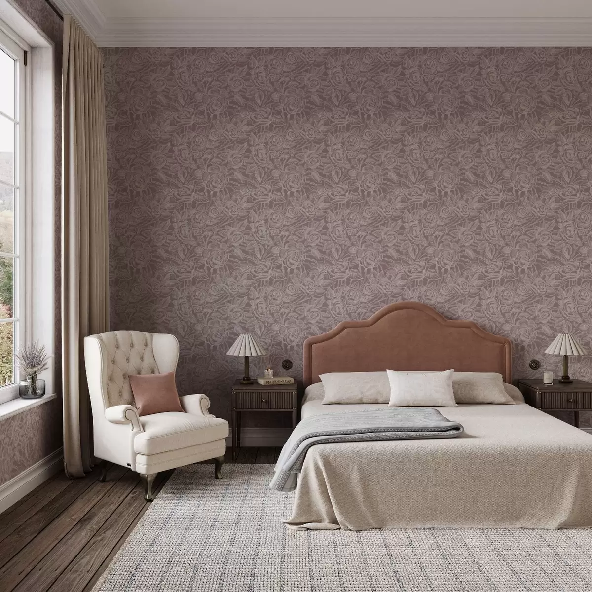 Papel de parede Rosas gravadas em cinza-marrom escuro a00841