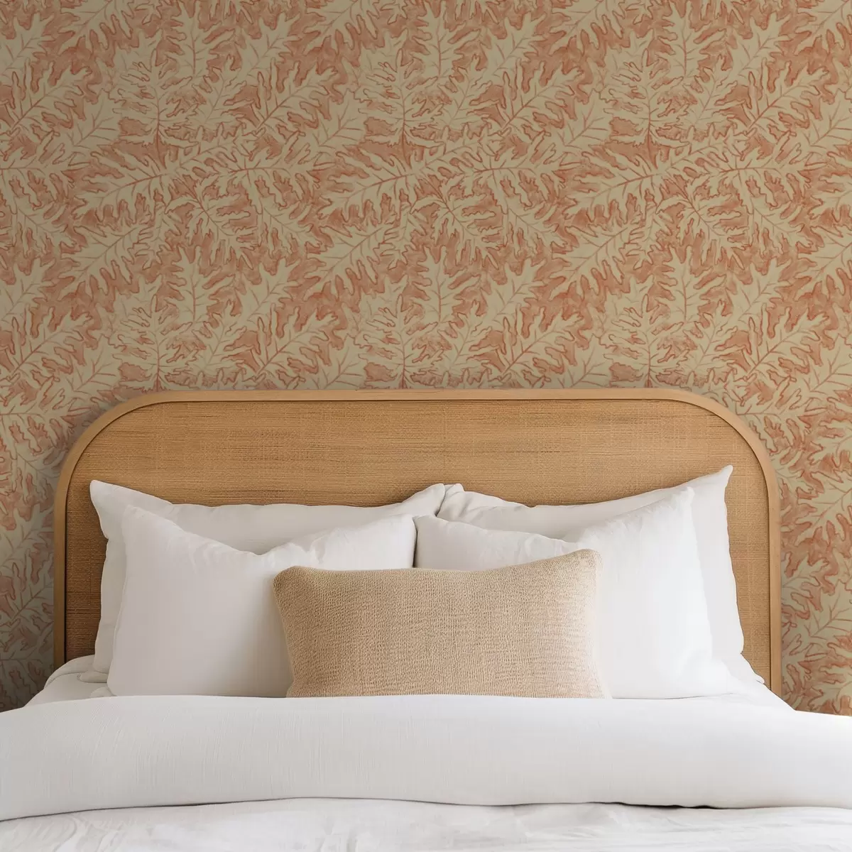 Papel de parede Folhas grandes de carvalho em terracota sobre fundo creme a00846