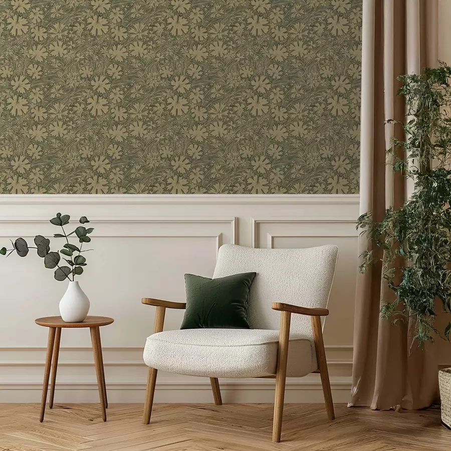 murais de parede Folhas e gramíneas do campo em tons de cinza-oliva a00847v1