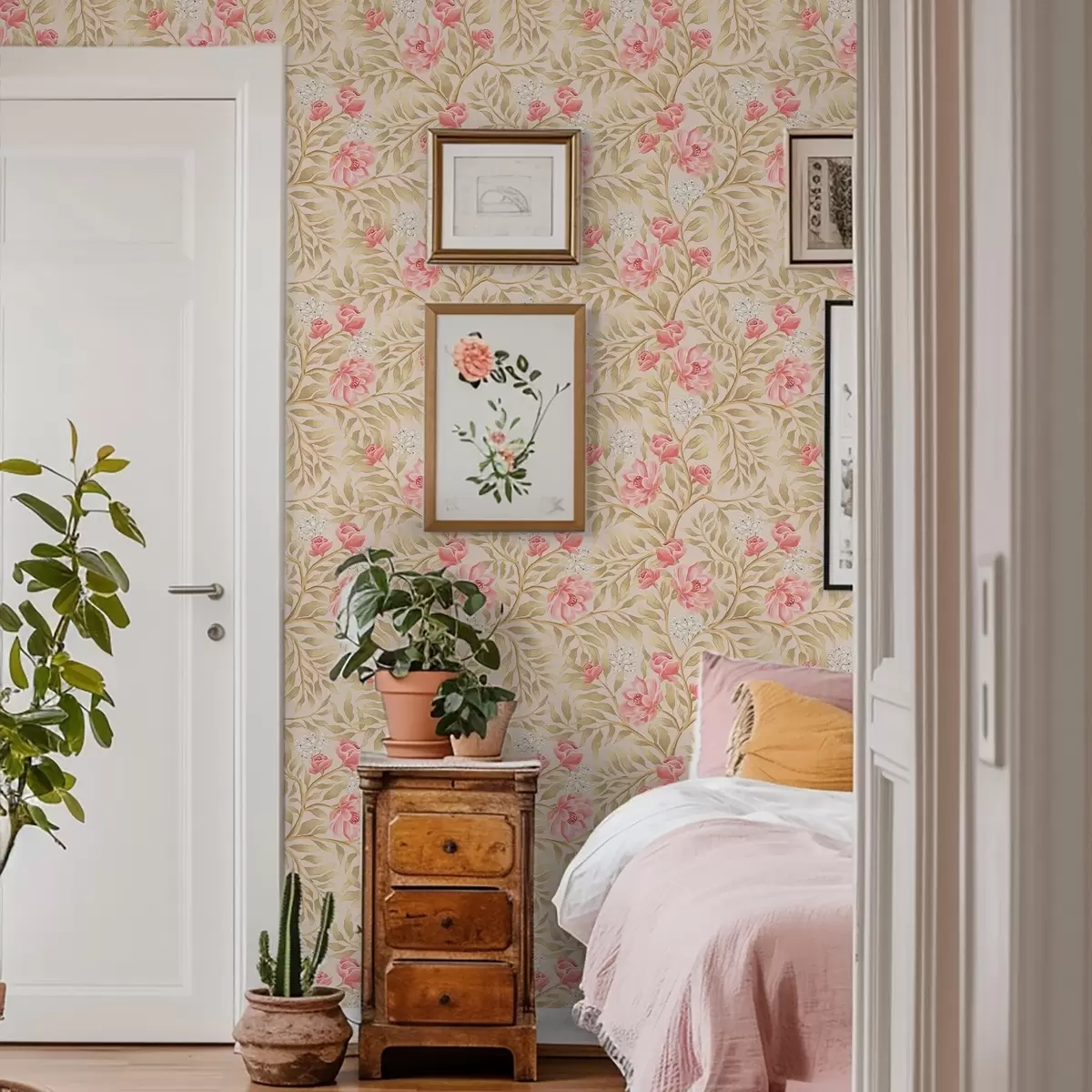 Papel de parede Flores cor-de-rosa, flores brancas e folhagem em tons de ocre a00855