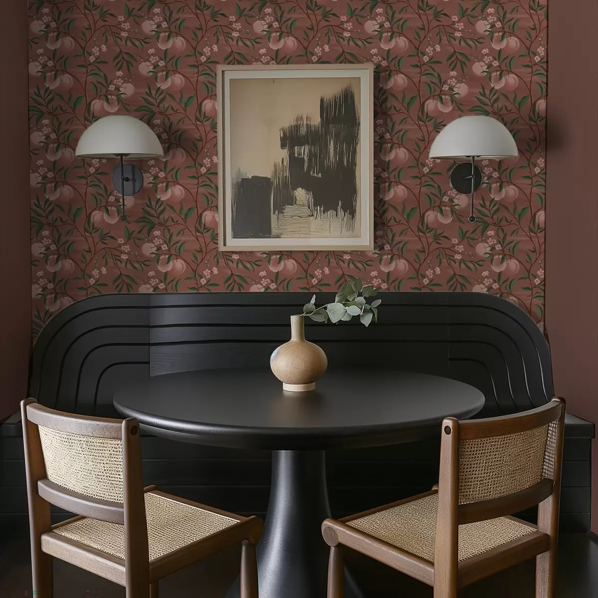 Papel de parede Pêssegos em galhos com flores rosadas, solo terracota a00856