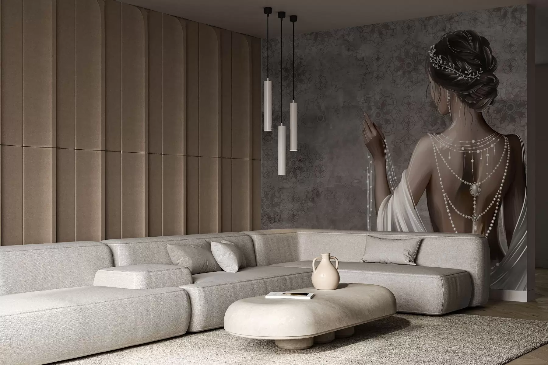murais de parede Mulher vista de costas com pérolas, fundo cinza com padrão de pedras w04854