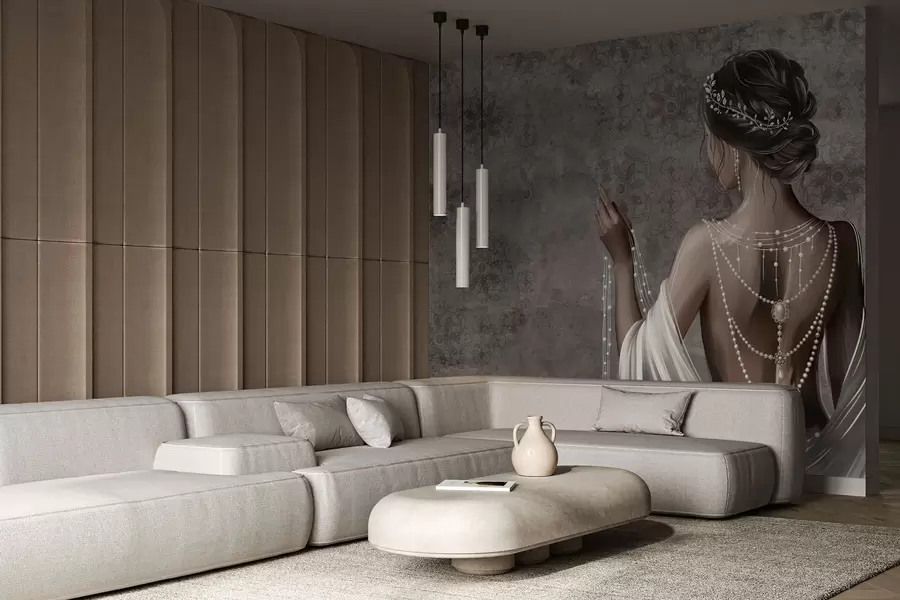 murais de parede Mulher vista de costas com pérolas, fundo cinza com padrão de pedras w04854