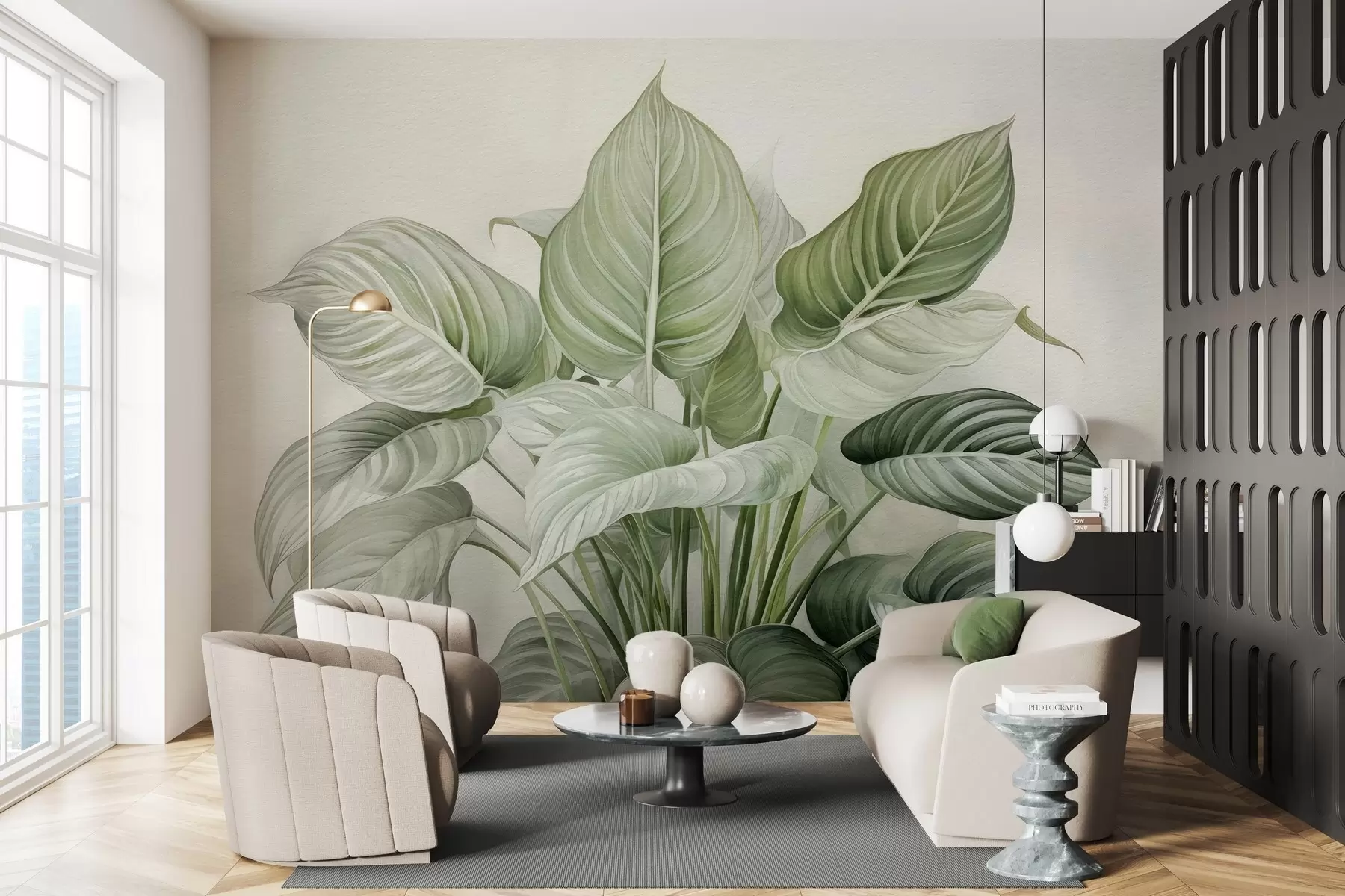 murais de parede Arbusto exuberante de folhas verdes na parede w04835