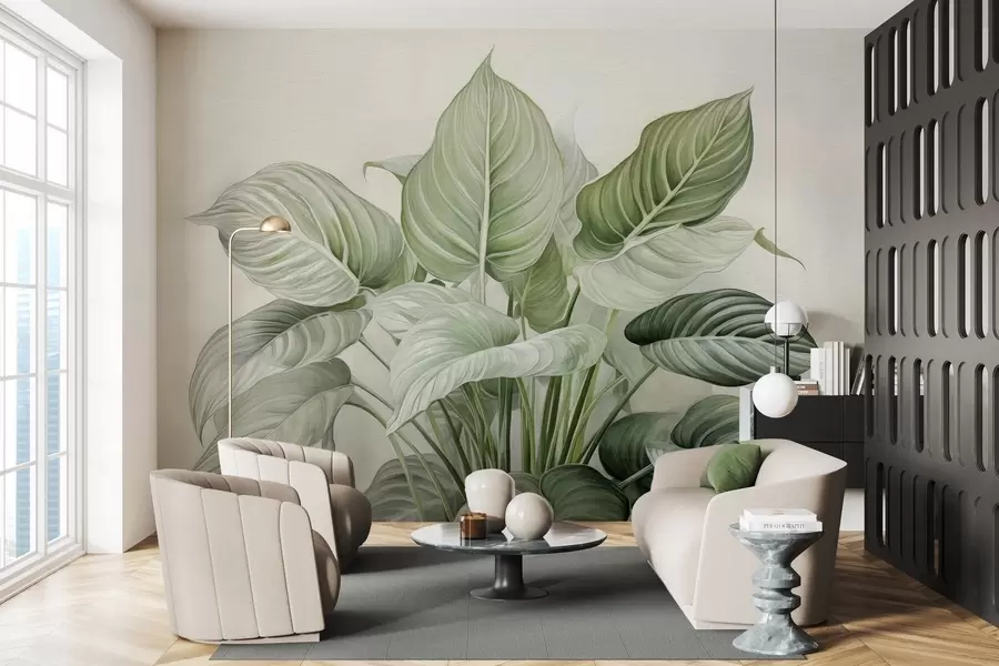 murais de parede Arbusto exuberante de folhas verdes na parede w04835