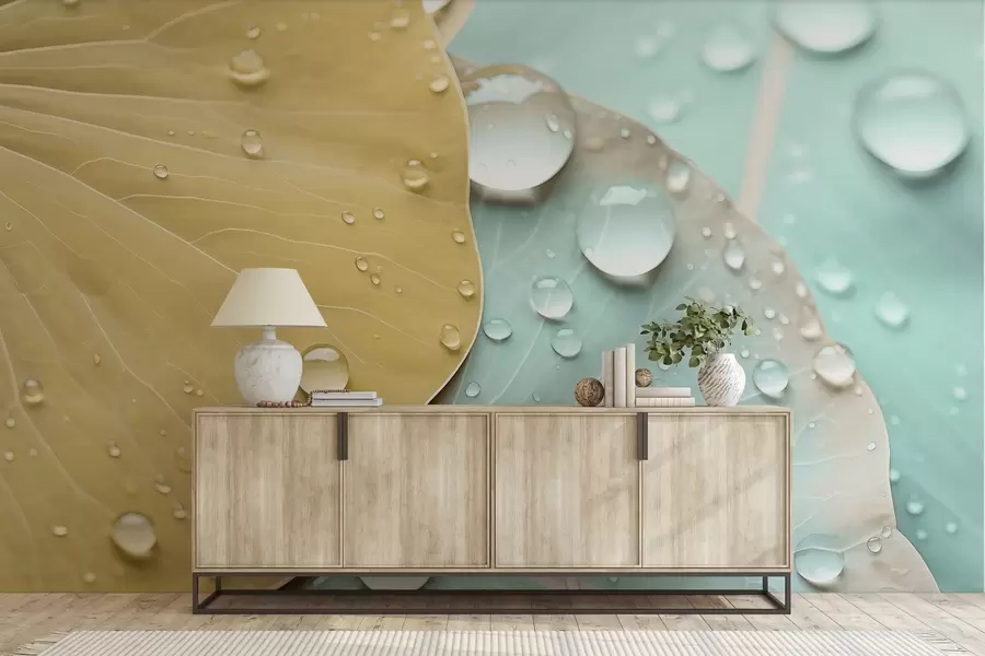 murais de parede Gotas de água nas folhas, aquarela macro w04838v1